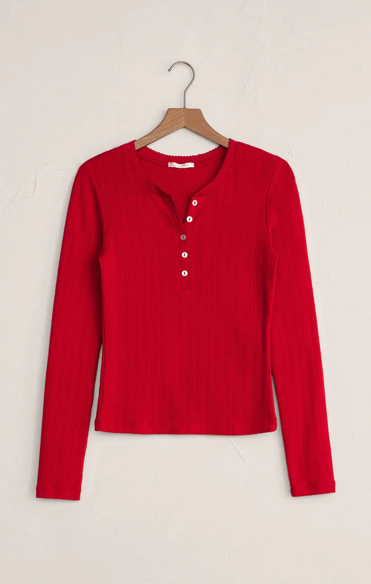 Z Supply Holly Pointelle Long Sleeve Top in Red
