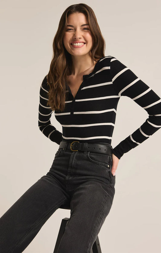 Z Supply Scarlett Black Rib Stripe Henley Top