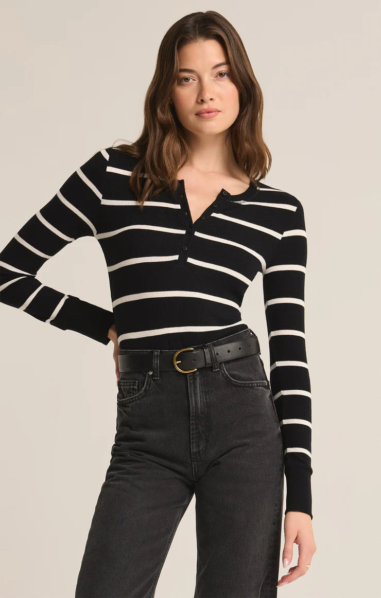 Z Supply Scarlett Black Rib Stripe Henley Top