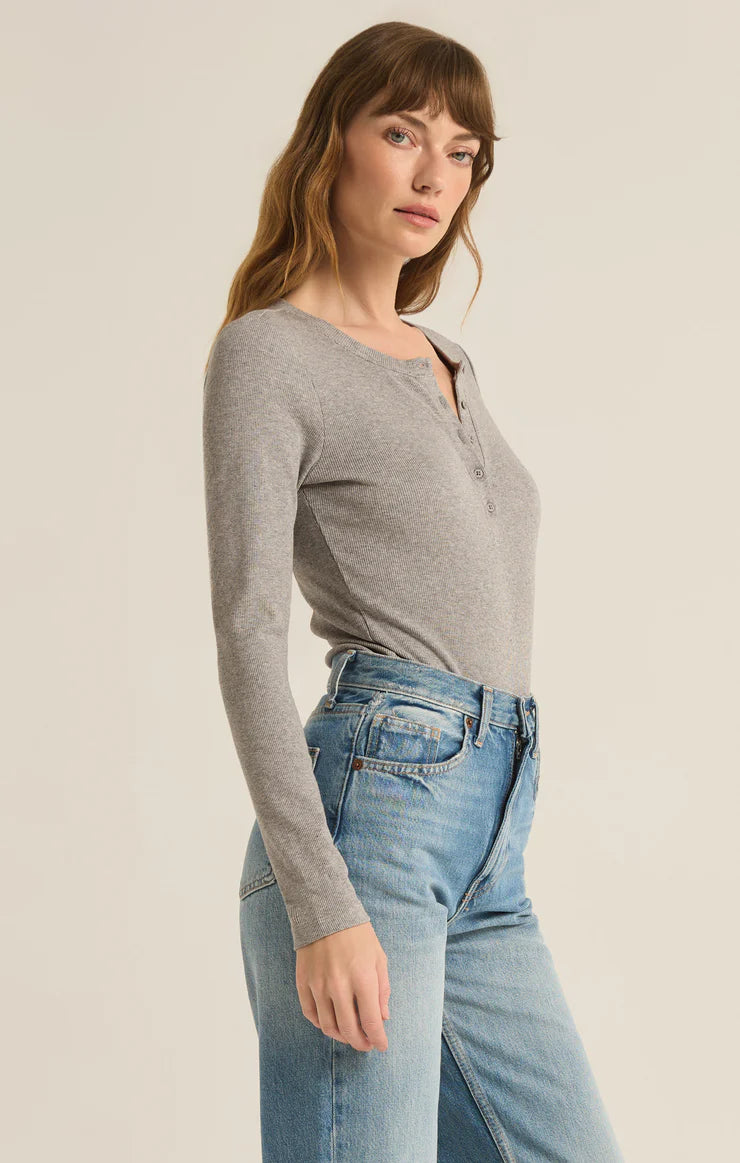 Z Supply Samara Rib Henley Classic Heather Grey Long Sleeve Bodysuit