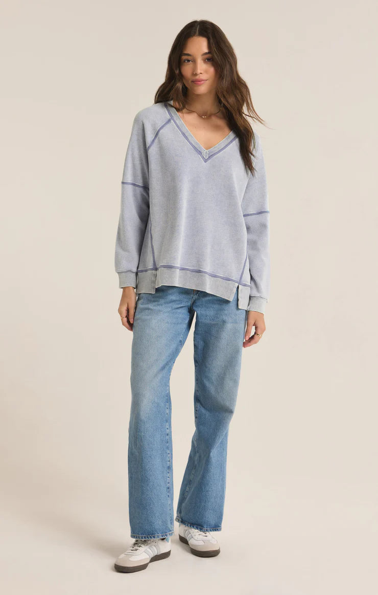 Z Supply Easy V-Neck Knit Denim Sweatshirt