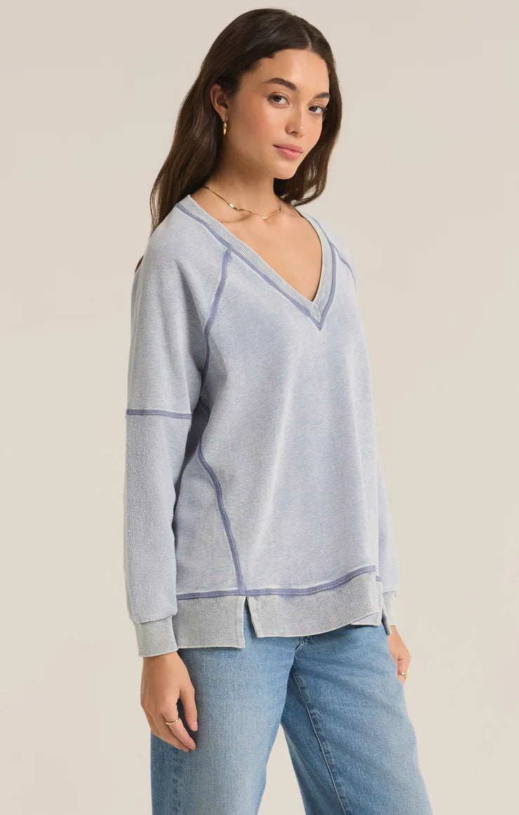 Z Supply Easy V-Neck Knit Denim Sweatshirt