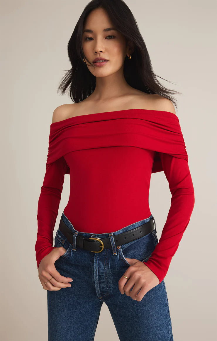 Z Supply Haute Red Mara Off Shoulder Second Skin Bodysuit