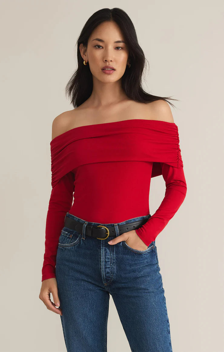 Z Supply Haute Red Mara Off Shoulder Second Skin Bodysuit