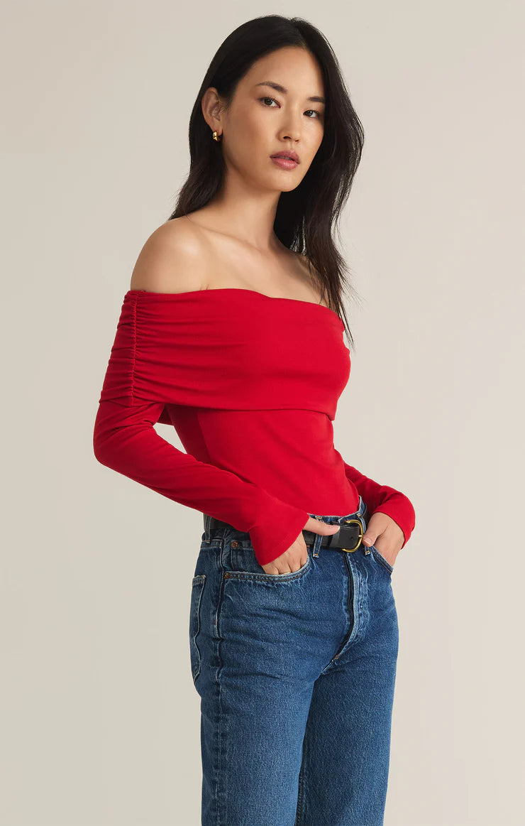 Z Supply Haute Red Mara Off Shoulder Second Skin Bodysuit