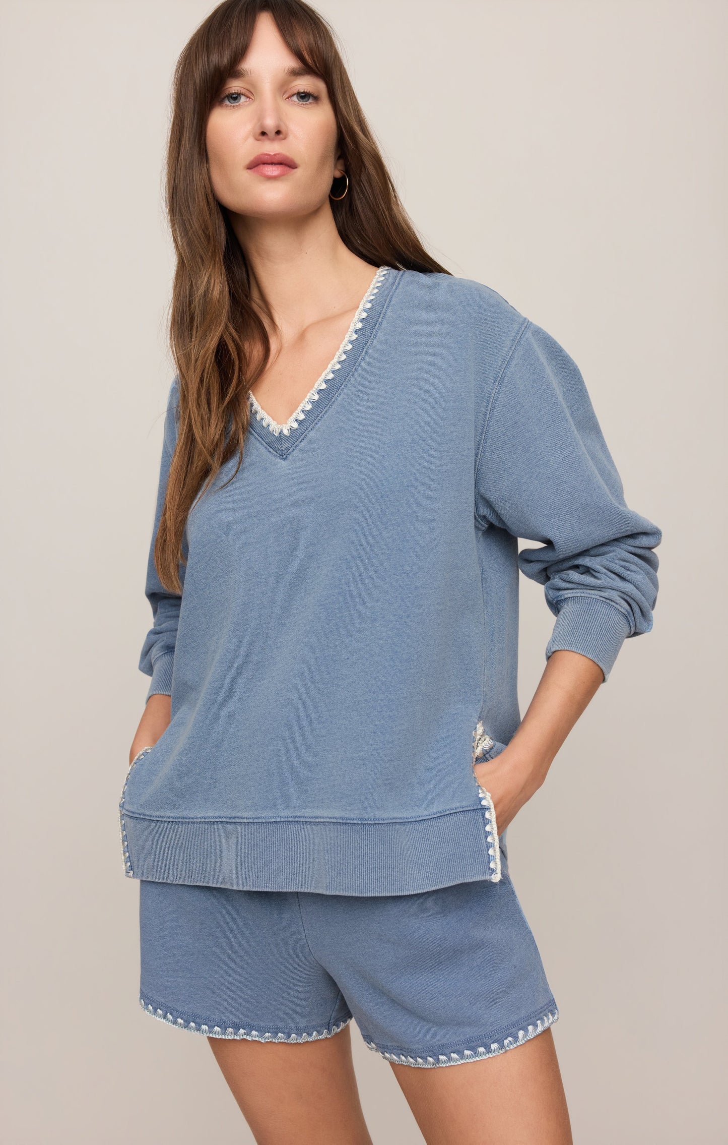 Z Supply Cam Knit Denim Whipstitch Top in Santorini Indigo
