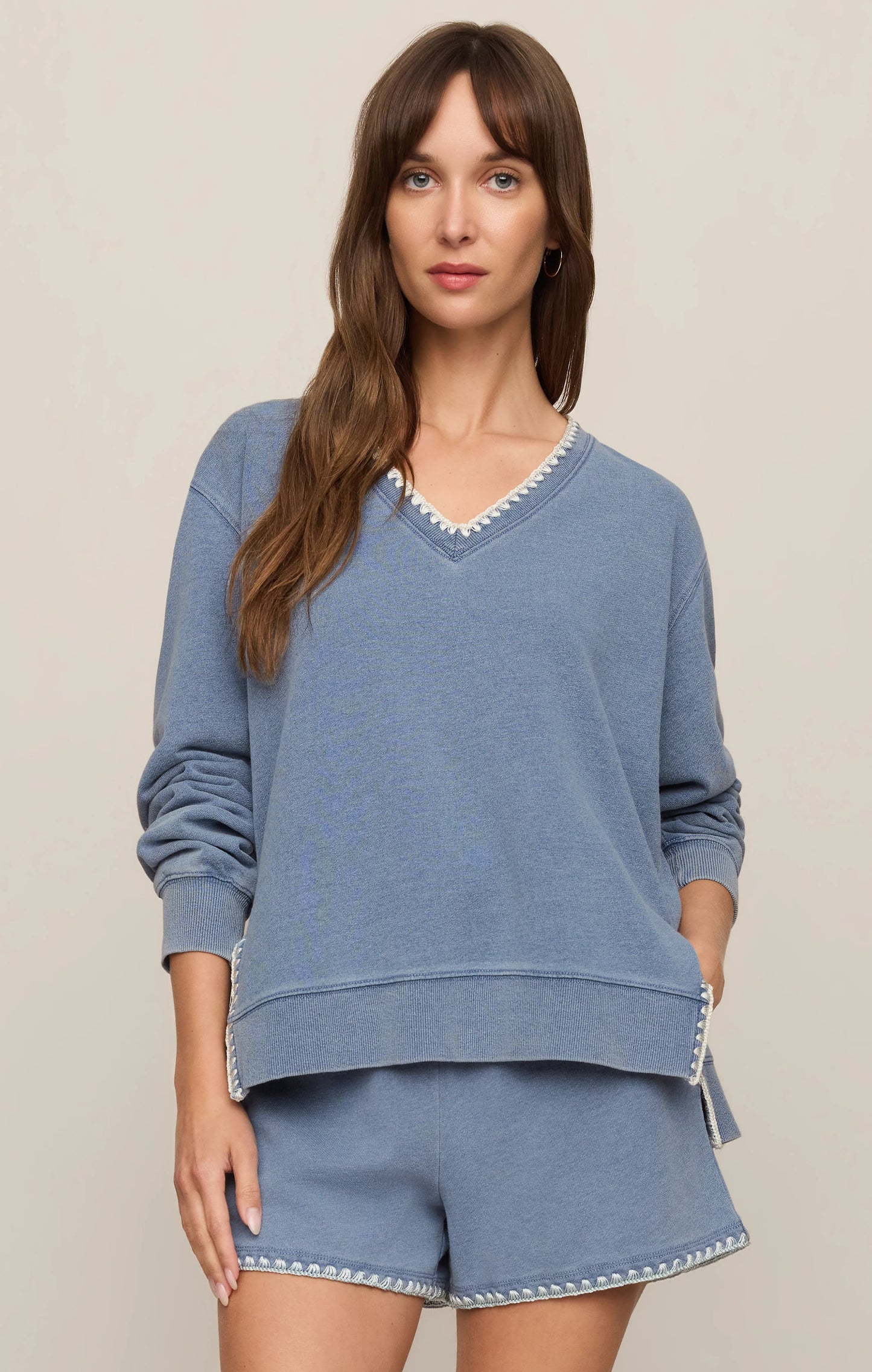 Z Supply Cam Knit Denim Whipstitch Top in Santorini Indigo