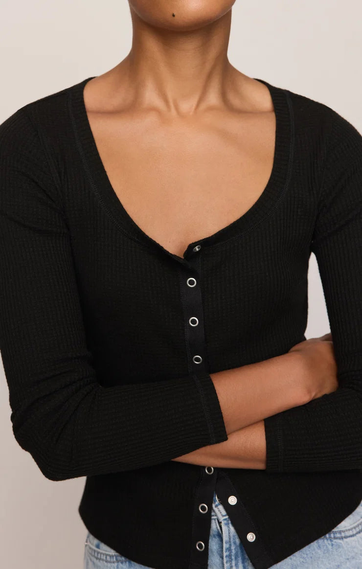 Z Supply Albany Waffle Snap Front Top in Black