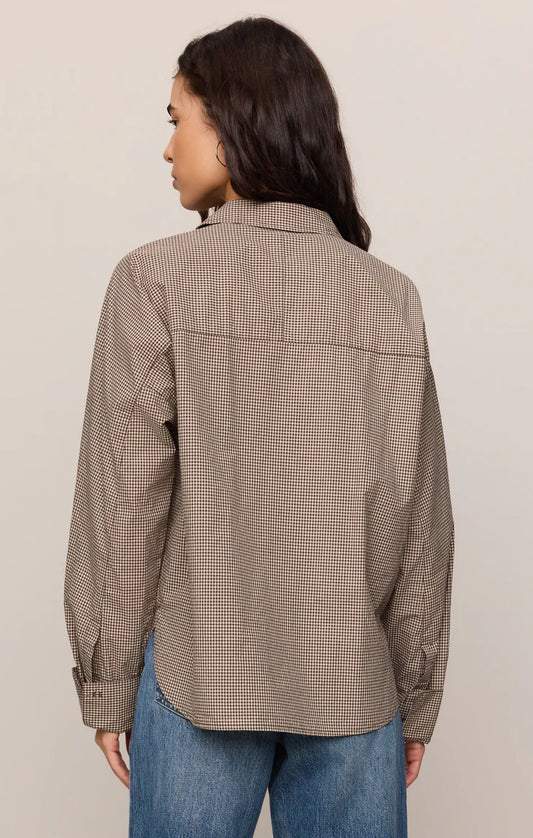 Z Supply On Duty Gingham Button Up Shirt in Dark Chocolate