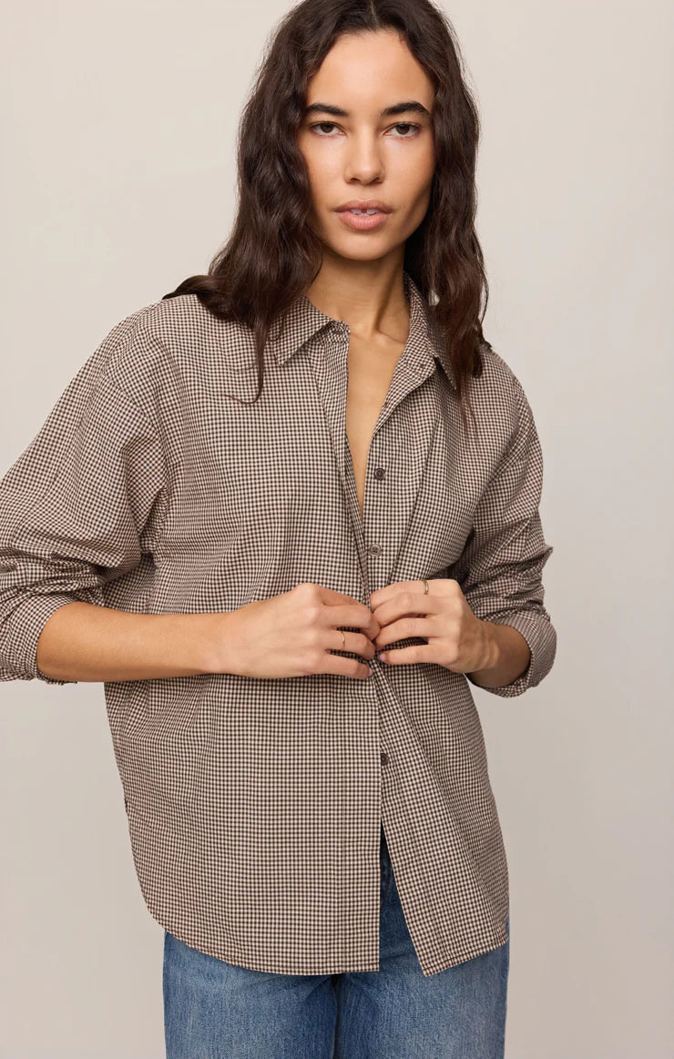 Z Supply On Duty Gingham Button Up Shirt in Dark Chocolate