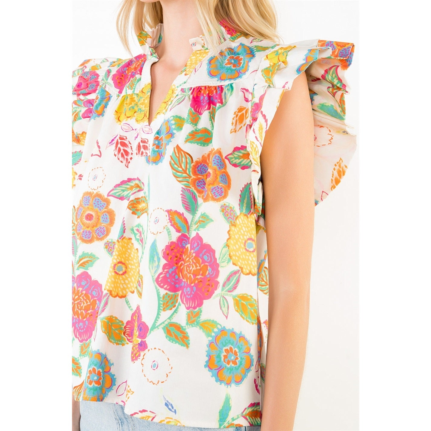Ruffle Sleeve Floral Pattern Top