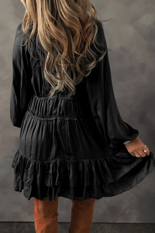 Black Tiered Ruffled Puff Sleeve Loose Fit Mini Dress