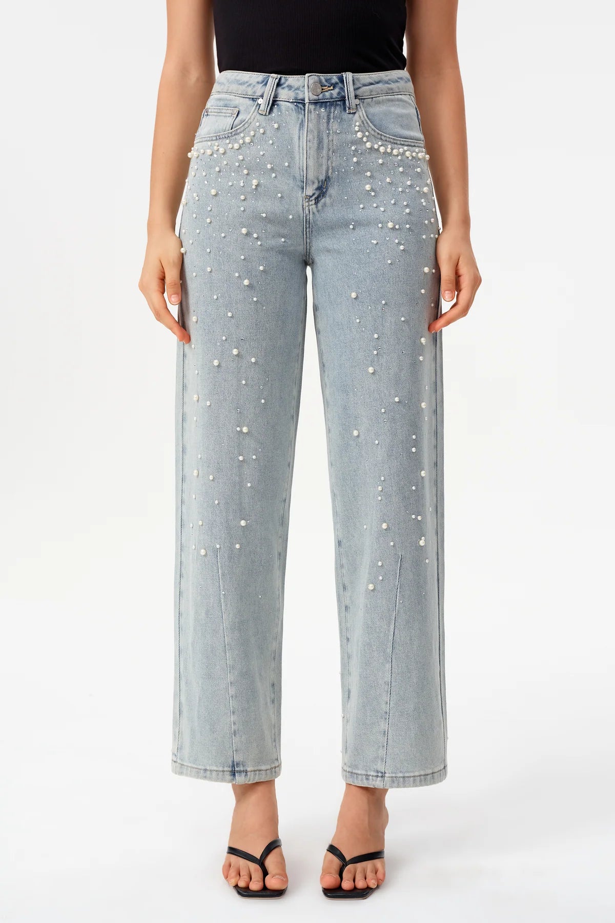 Bayeas High Rise Rhinestone Barrel Leg Jeans in Glacier