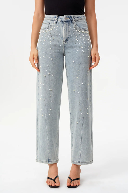 Bayeas High Rise Rhinestone Barrel Leg Jeans in Glacier