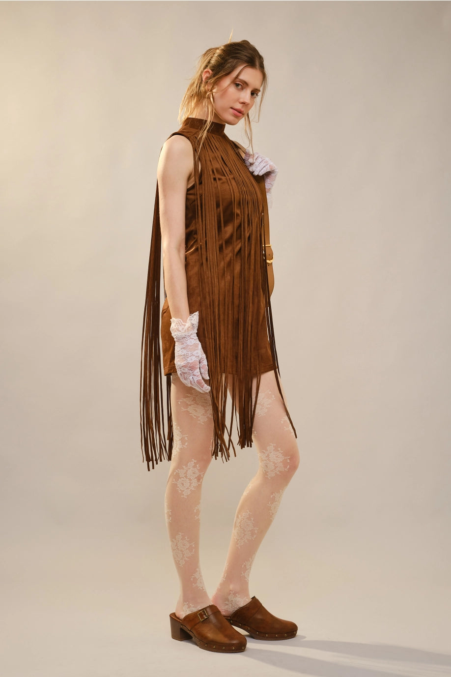 Mock Neck Suede Fringe Mini Dress
