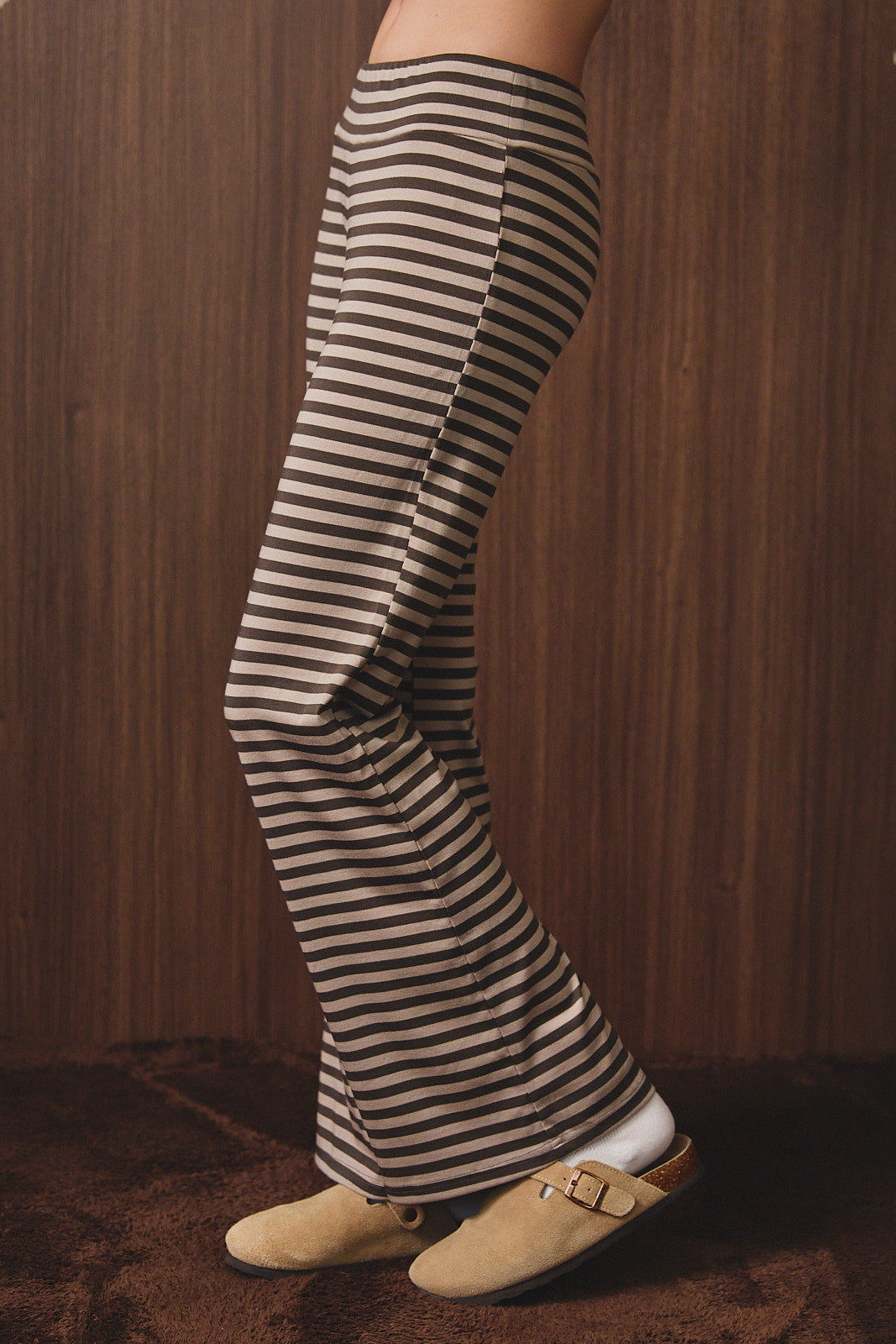 Mid Rise Wide Leg Stripe Pants in Charcoal/ Taupe Stripe