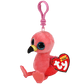 Side view of pink flamingo plush on clip with a Ty Brand tag on a transparent background.