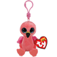 Pink flamingo plush on clip with a Ty Brand tag on a transparent background.