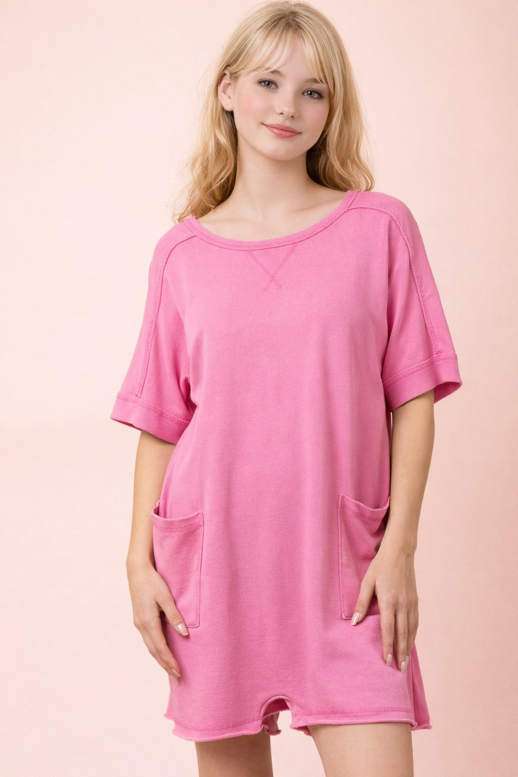 Mineral Washed Knit Casual Romper in Pink