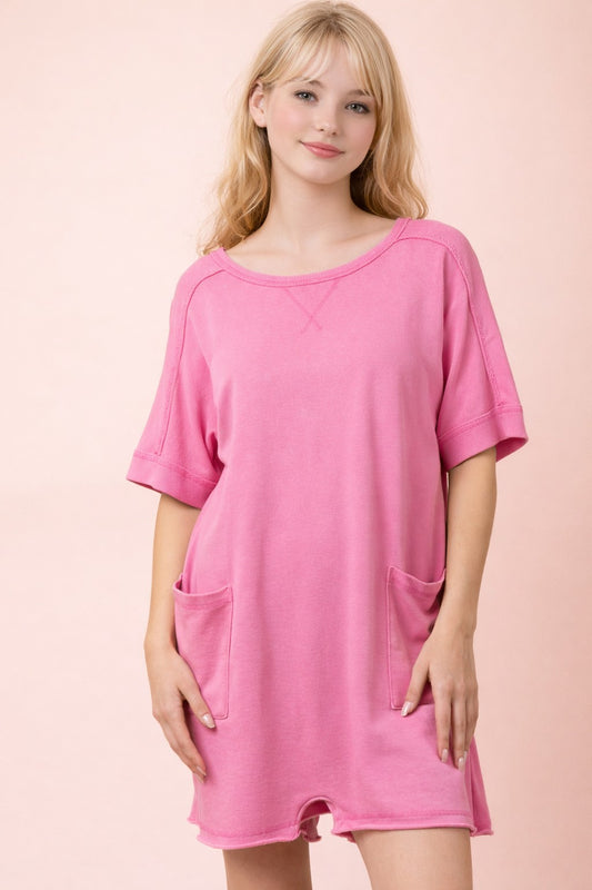 Mineral Washed Knit Casual Romper in Pink