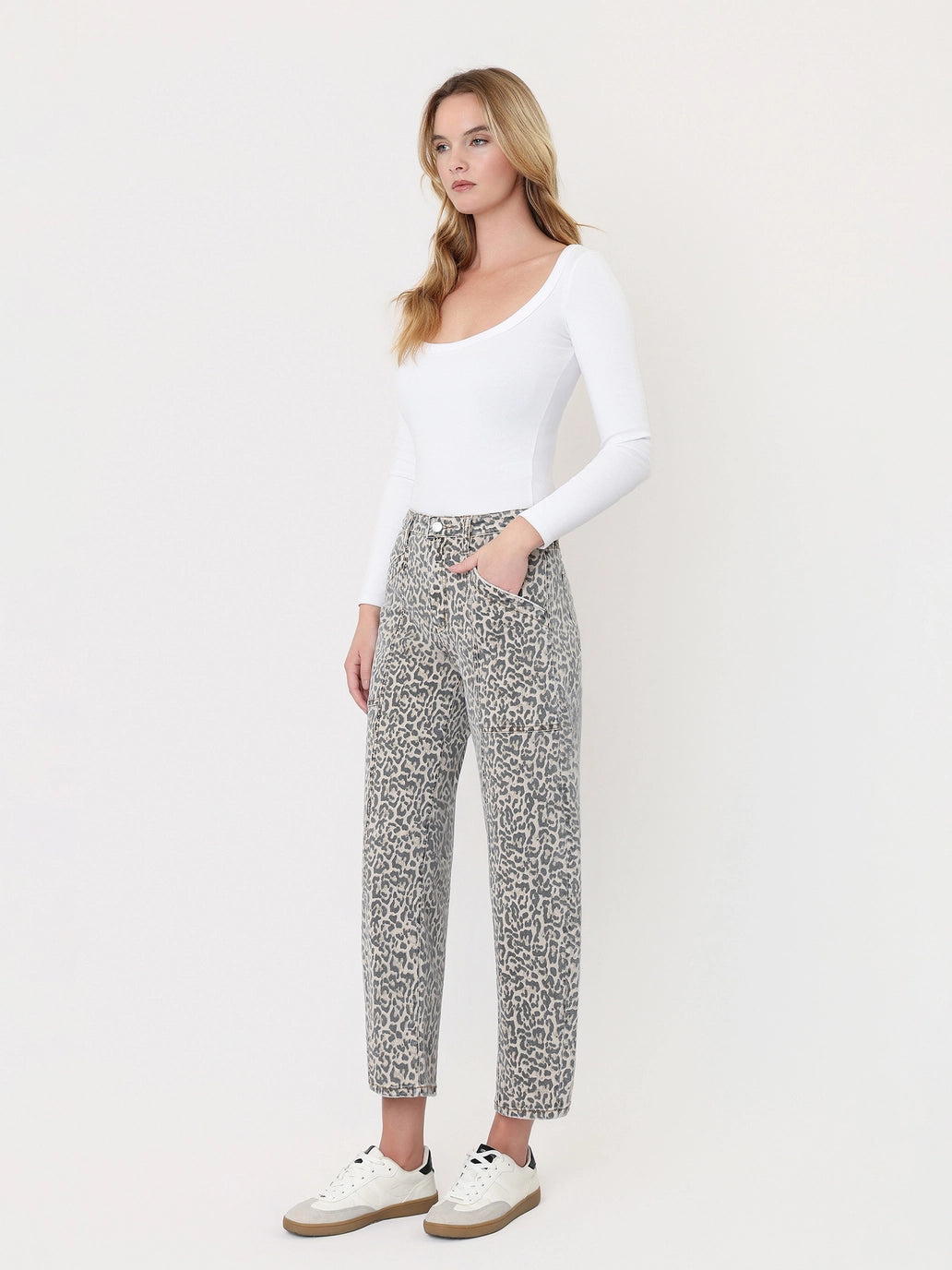 Lovervet High Rise Leopard Print Utility Barrel Jeans