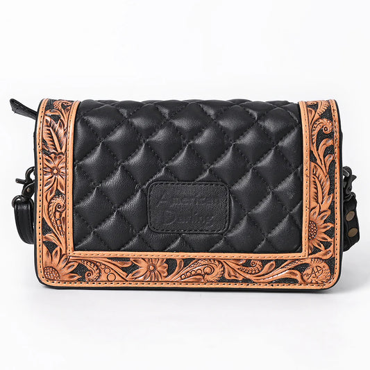 American Darling Black Quilted and Western Floral Tooled Leather Bag