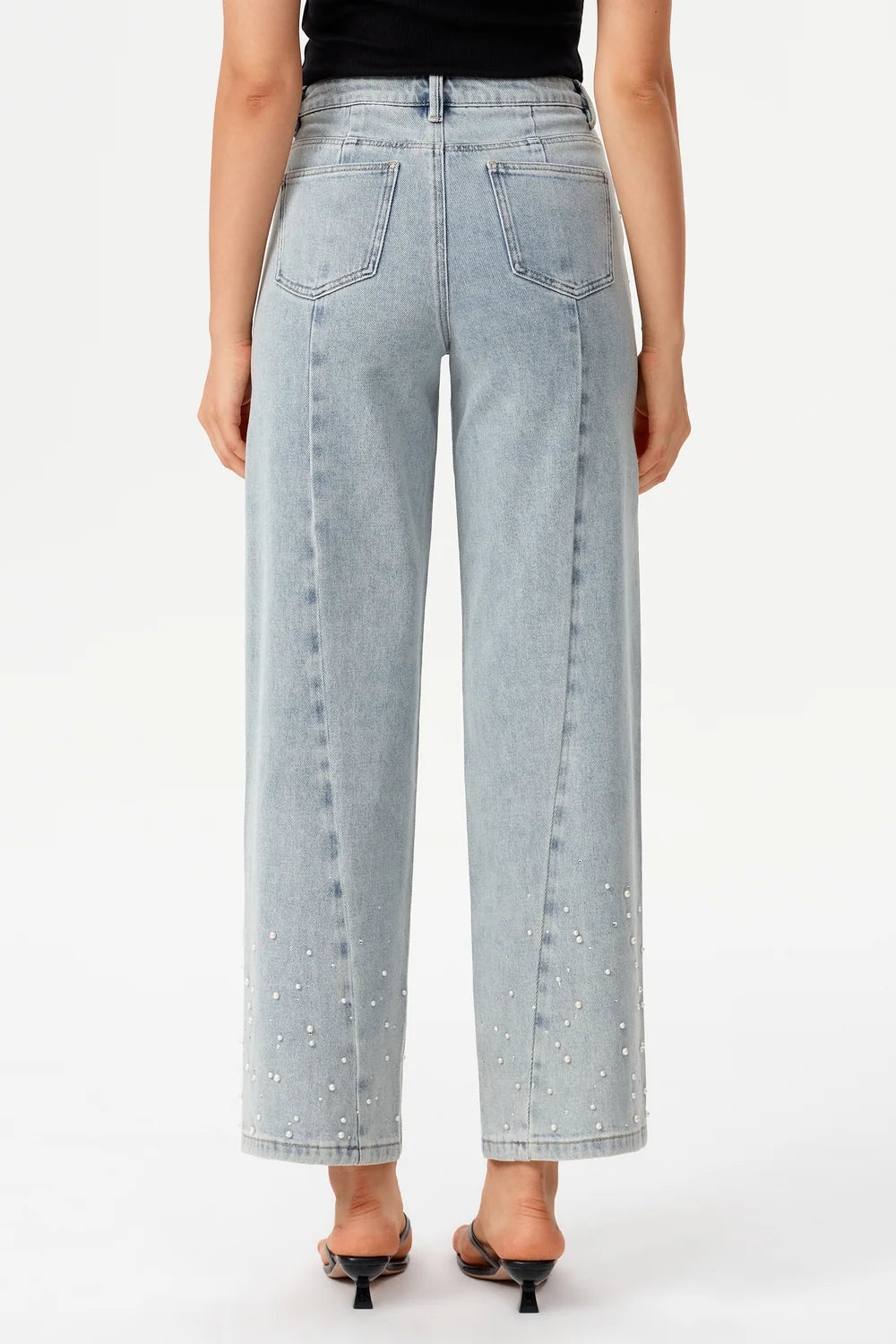 Bayeas High Rise Rhinestone Barrel Leg Jeans in Glacier