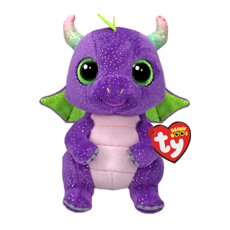 Purple dragon plush toy with green accents and a Ty Beanie Boos tag