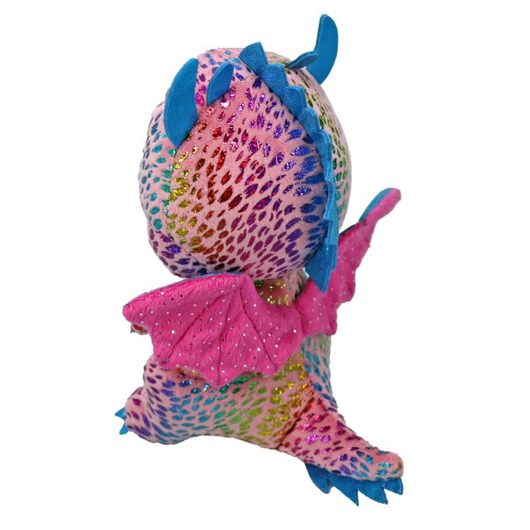 Colorful dragon plush toy with pink and blue accents, pink wings and multicolored spots. 