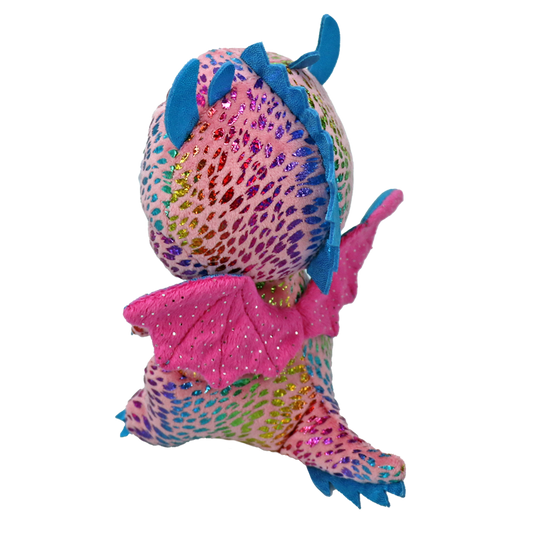 Colorful dragon plush toy with pink and blue accents, pink wings and multicolored spots. 