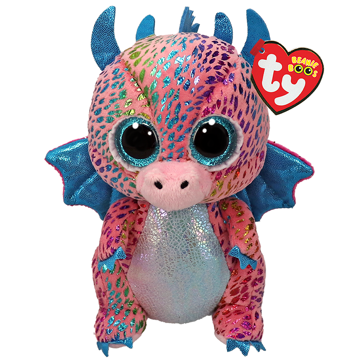 Pink dragon plush toy with blue accents and multicolored spots, and a Ty Beanie Boos tag.