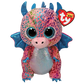 Pink dragon plush toy with blue accents and multicolored spots, and a Ty Beanie Boos tag.