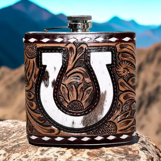 Horseshoe Tooled Leather & Cowhide Flask