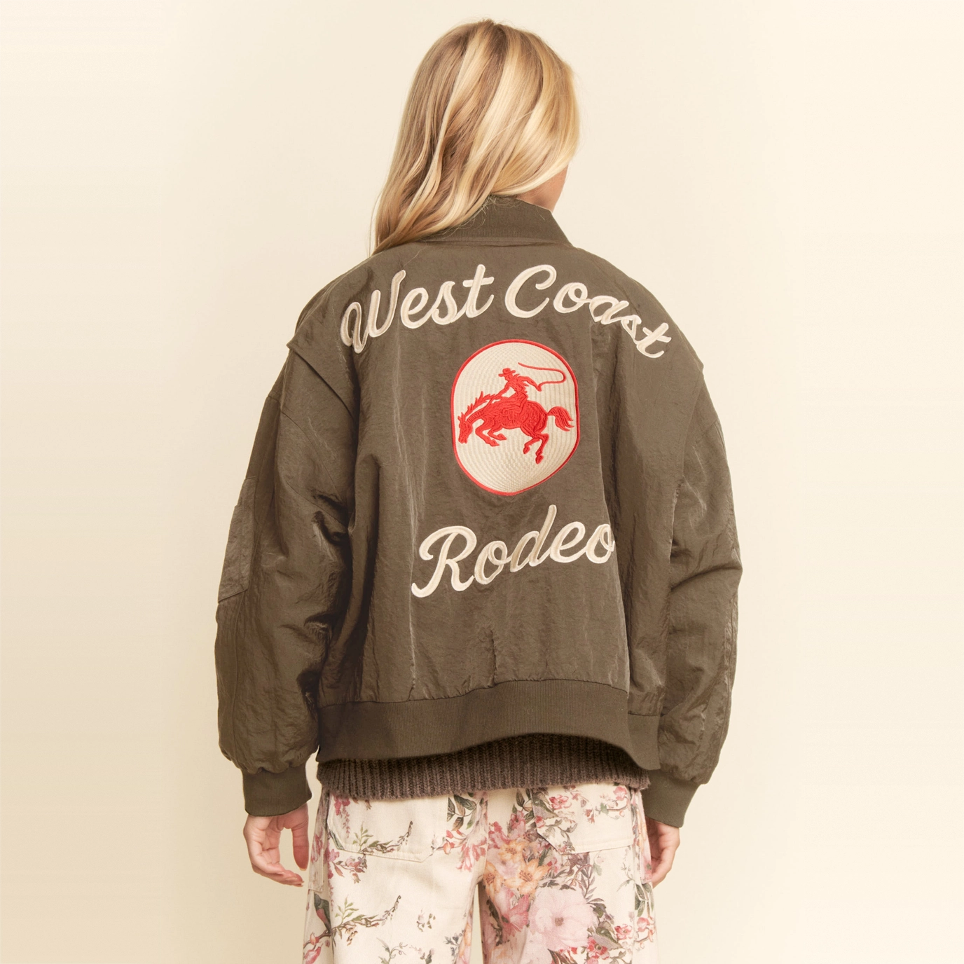 Davi & Dani Embroidered West Coast Rodeo Western Bomber Jacket in Mocha Mousse