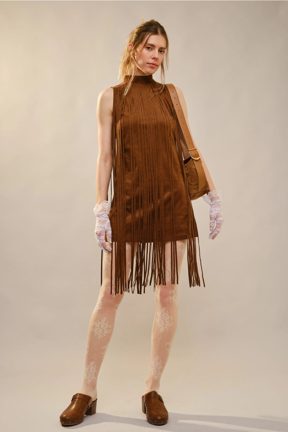 Mock Neck Suede Fringe Mini Dress