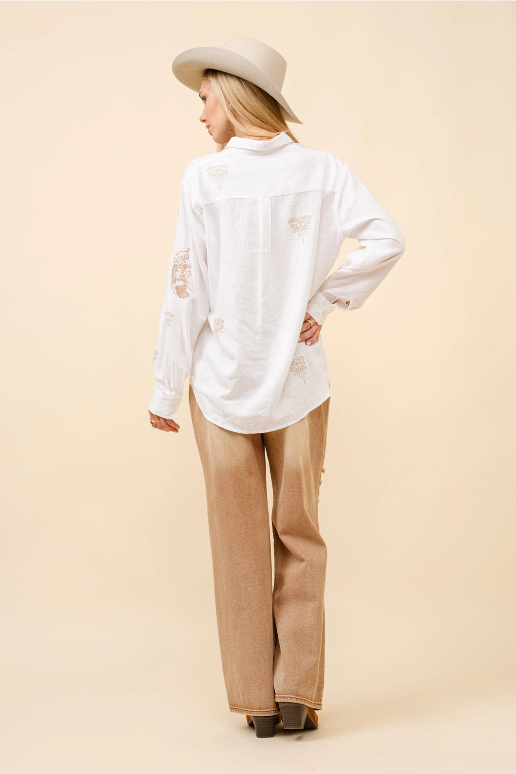 Off White Western Embroidered Linen Blouse