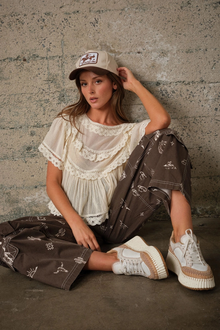 Western Print Cotton Cargo Pants in Chocolate