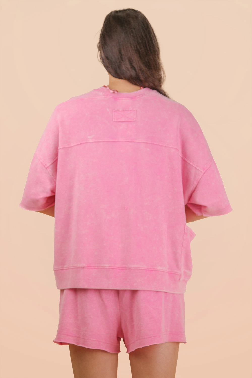 Mineral Washed Casual Knit Top & Shorts Set in Pink