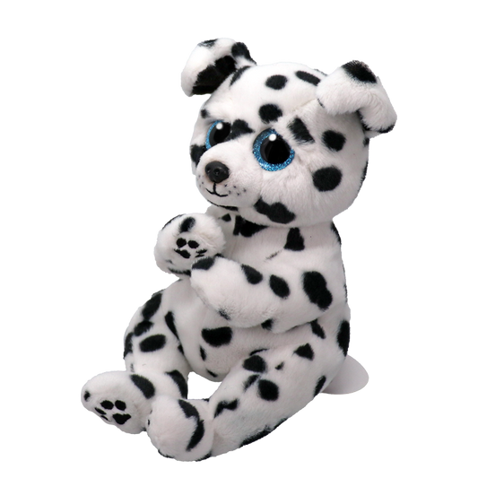 Side view of a plush dalmatian toy with black spots and blue eyes, featuring a Ty Beanie Bellies tag on a white background