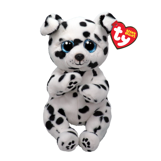 Plush dalmatian toy with black spots and blue eyes, featuring a Ty Beanie Bellies tag on a white background