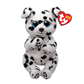 Plush dalmatian toy with black spots and blue eyes, featuring a Ty Beanie Bellies tag on a white background