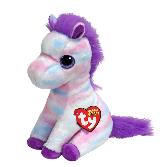 Plush multicolored pastel toy unicorn with purple mane, tail, and hooves, featuring a Ty Beanie Boos tag on a white background