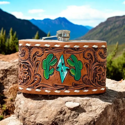 Cactus Tooled Leather Flask