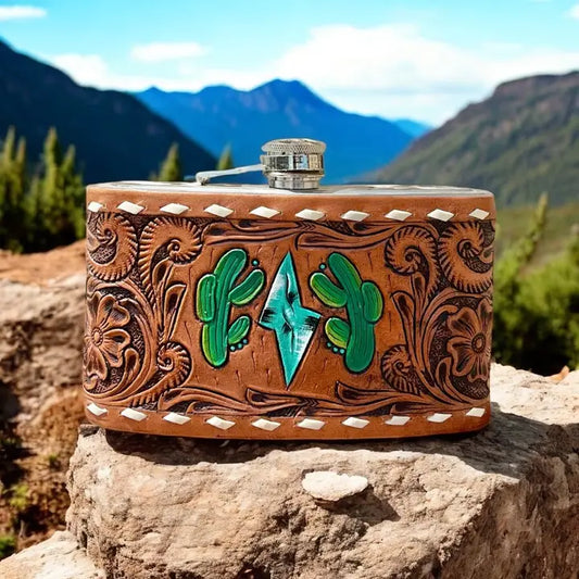 Cactus Tooled Leather Flask
