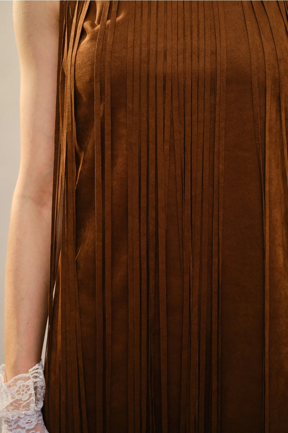 Mock Neck Suede Fringe Mini Dress