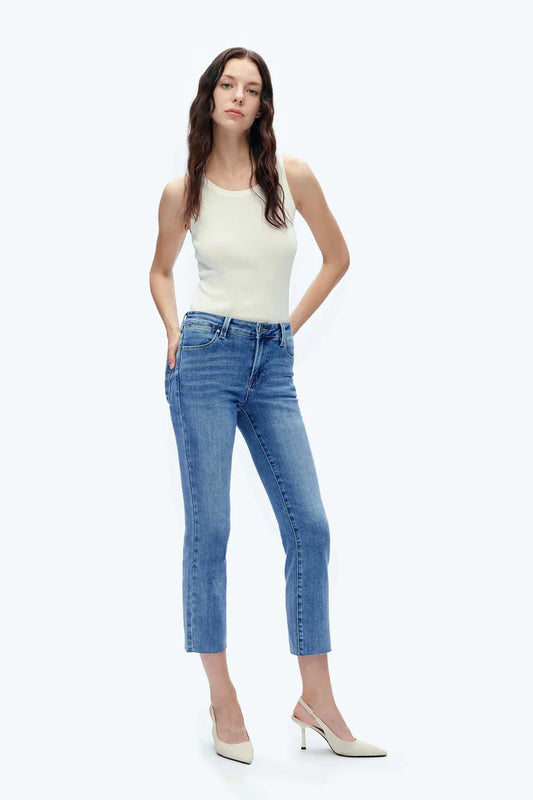 Bayeas Mid Rise Cropped Straight Jeans with Raw Hem