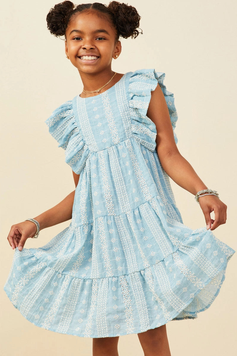 Girls Blue Embroidered Ruffled Lace Sleeveless Dress