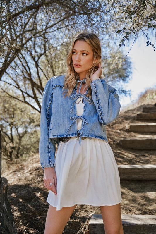 Blue B Ruffle Yoke Sleeve Tie Front Denim Jacket