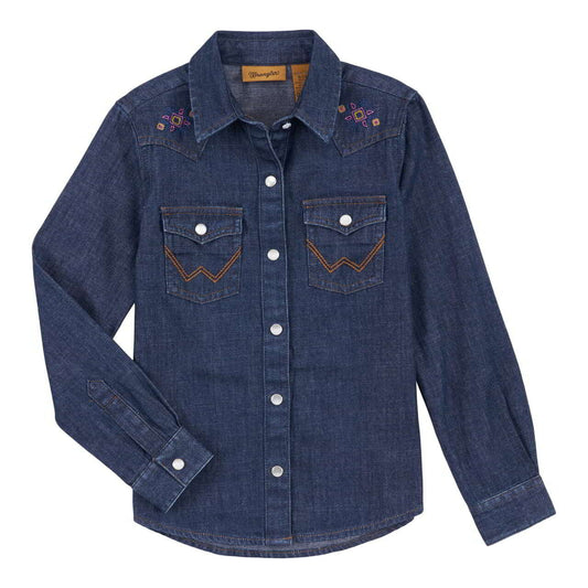 Wrangler Girls Denim Aztec Embroidered Western Shirt