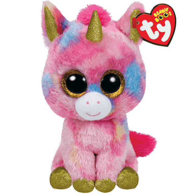 Colorful unicorn plush toy with gold horn and hooves, featuring a Ty Beanie Boos tag.
